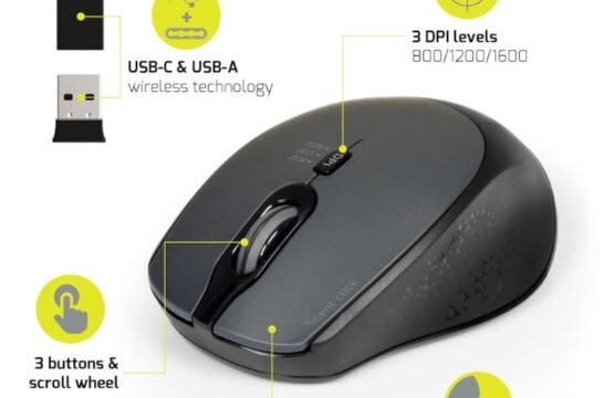Port Wireless Silent 3600DPI 3 Button USB and Type-C Dongle Mouse – Black