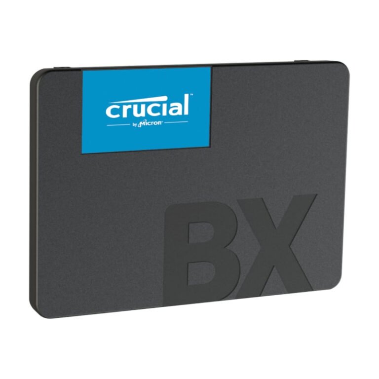 A Crucial BX500 2TB 2.5 SATA SSD featuring a blue label on the top left corner and large embossed BX letters on the front. The drive has a rectangular shape with a minimalist black design.