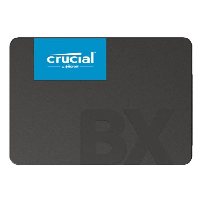A black Crucial BX500 2TB 2.5 SATA SSD featuring a blue label in the top left corner that displays the Crucial logo by Micron.