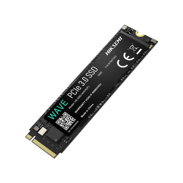 A black HIKSEMI Wave(P) 1TB Gen3 M.2 NVMe 3D NAND SSD, 2280 form factor, featuring gold connector pins on the left and product information printed in white and green on the label.