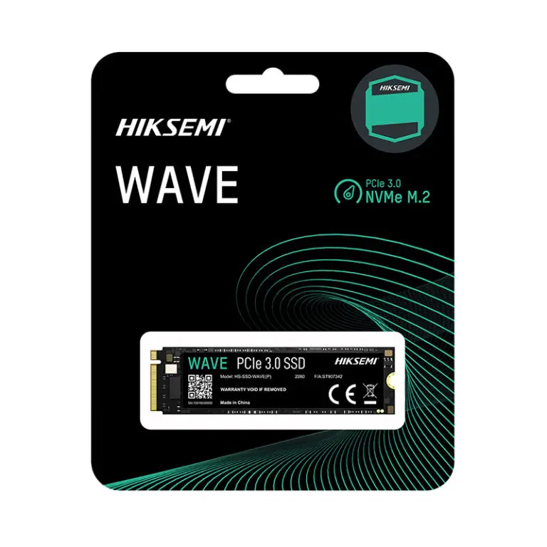 The HIKSEMI Wave(P) 1TB Gen3 M.2 NVMe 3D NAND SSD comes in retail packaging, featuring black and green design elements with product branding on a white background.