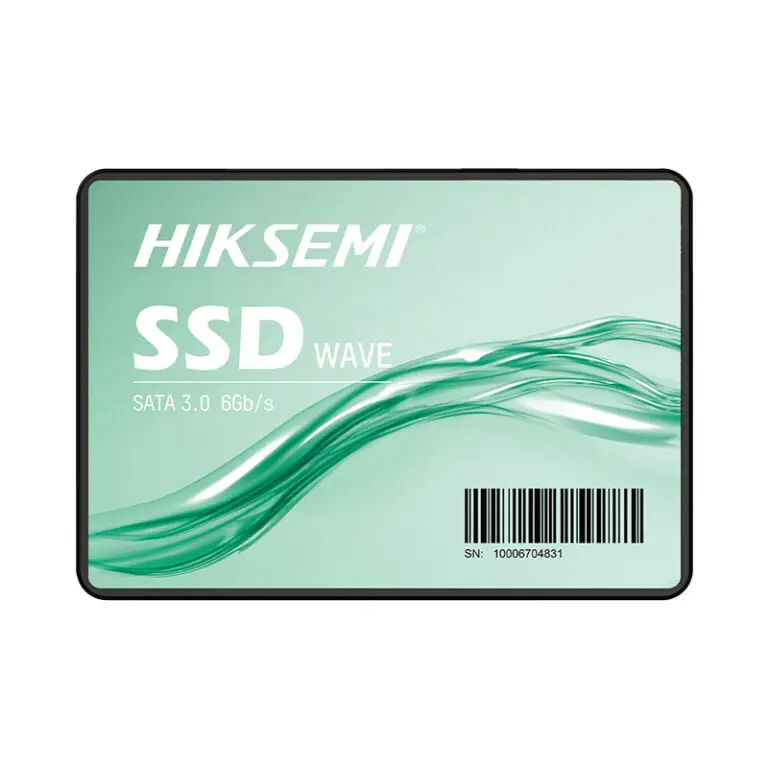 A rectangular HIKSEMI WAVE(S) 2.5″ 1TB SATAIII SSD featuring a green wave design and labeled SATA 3.0 6Gb/s, with a barcode and serial number displayed at the bottom right of the label.