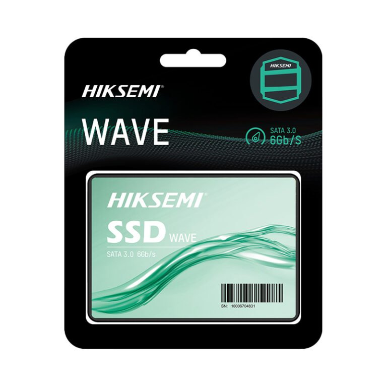 Retail packaging for the HIKSEMI WAVE(S) 2.5″ 1TB SATAIII SSD, supporting SATA 3.0 at 6Gb/s. The box showcases a light green design with wave graphics and includes a barcode positioned at the bottom right of the SSD drive image.