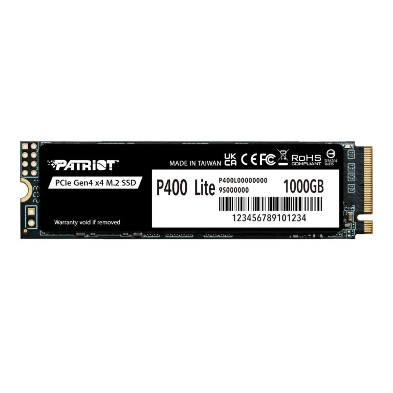 A Patriot P400 Lite 1TB M.2 PCIe Gen 4 x4 NVMe SSD, featuring product labels and compliance icons on a black circuit board.