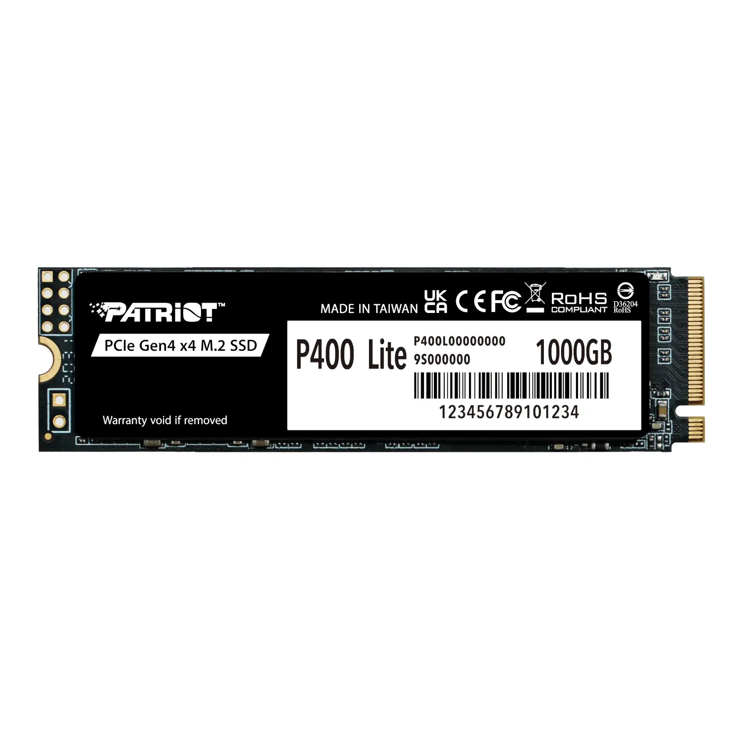 A Patriot P400 Lite 1TB M.2 PCIe Gen 4 x4 NVMe SSD, featuring product labels and compliance icons on a black circuit board.