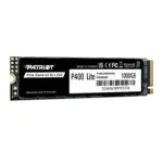 A Patriot P400 Lite 1TB M.2 PCIe Gen 4 x4 NVMe SSD, featuring black and white labeling and gold connector contacts, is displayed against a white background.