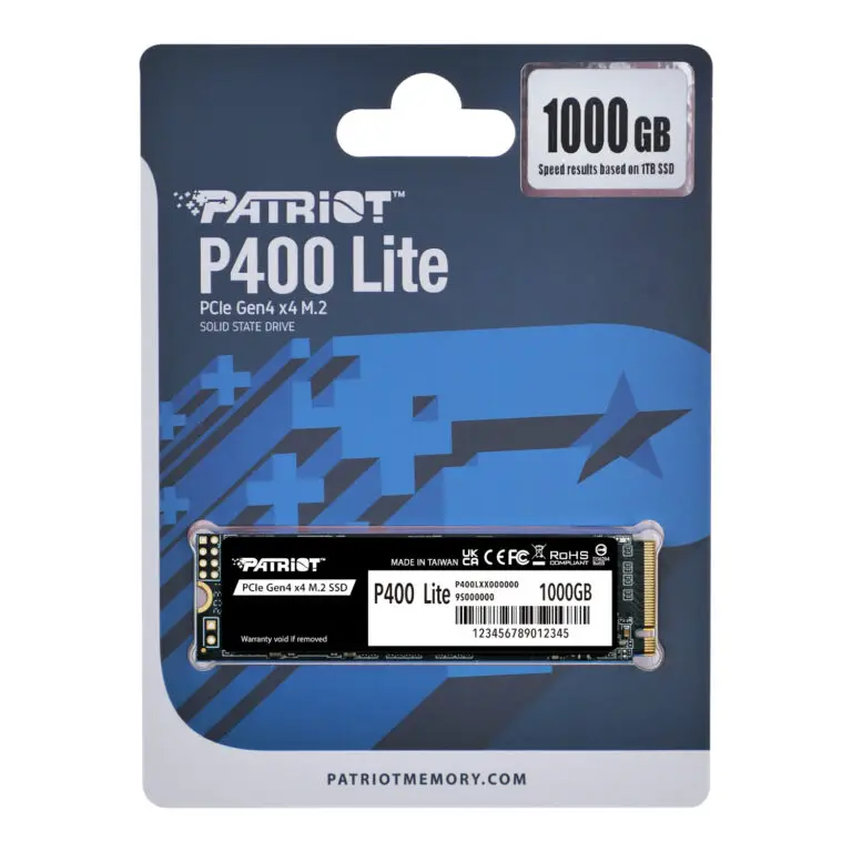 A Patriot P400 Lite 1TB M.2 PCIe Gen 4 x4 NVMe SSD in retail packaging, featuring a blue geometric background with product details clearly visible and labeled with a 1TB capacity.